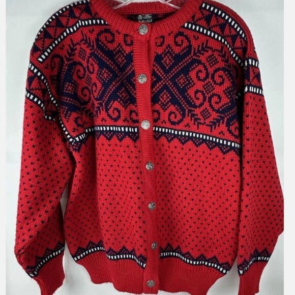 Dale Of Norway Red Nordic Wool Cardigan Sweater Sz M Fair Isle Scandinavian - Picture 1 of 6